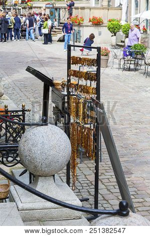 Gdansk, Poland - June 5, 2018: Mariacka Street, Typical Stoop And Jewelry Stores With Amber, Main Ci