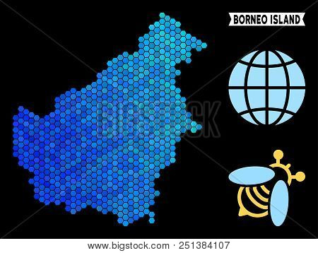 Blue Hexagon Borneo Island Map. Geographic Map In Blue Color Tones On A Black Background. Vector Com