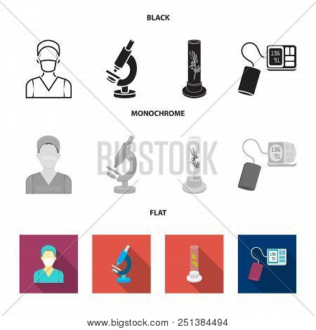 Plant In Vitro, Nurse, Microscope, Tonometer. Medicine Set Collection Icons In Black, Flat, Monochro