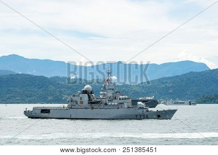 Padang, Indonesia - April 11, 2016 : French Frigate Vendemiaire  (f-734),  Of French Navy  Sails In 