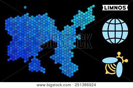 Blue Hexagon Limnos Greek Island Map. Geographic Map In Blue Color Hues On A Black Background. Vecto
