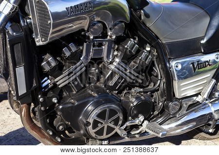 Tolyatti, Russia, May 09, 2018: Show Of Bikers Dedicated To Victory Day. Shiny Chrome Motorcycle Eng