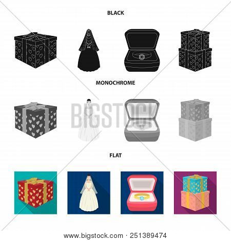 Wedding And Attributes Cartoon , Flat, Outline, Black Icons In Set Collection For Design.newlyweds A
