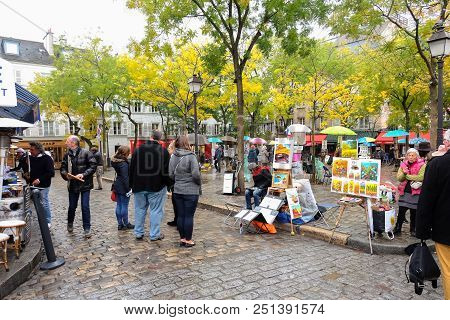 Paris, France - November 2017: Paris -  Open Air Artist Market At Tertre Square (place Du Tertre) In