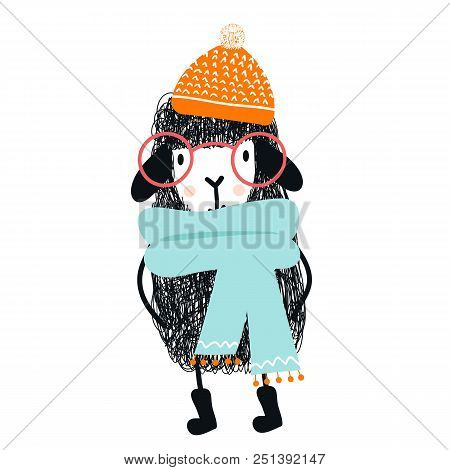 Cute Hand Drawn Nursery Poster With Cool Cartoon Sheep Animal Character With Glasses And A Cap. Vect