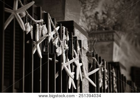 Monterosso street view with decoration on fense in Cinque Terre in Italy 