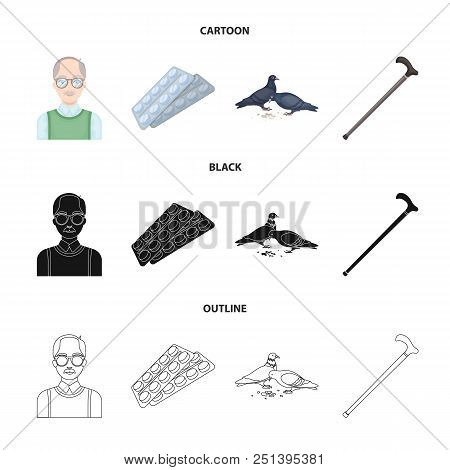 Elderly Men, Tablets, Pigeons, Walking Cane.old Age Set Collection Icons In Cartoon, Black, Outline 