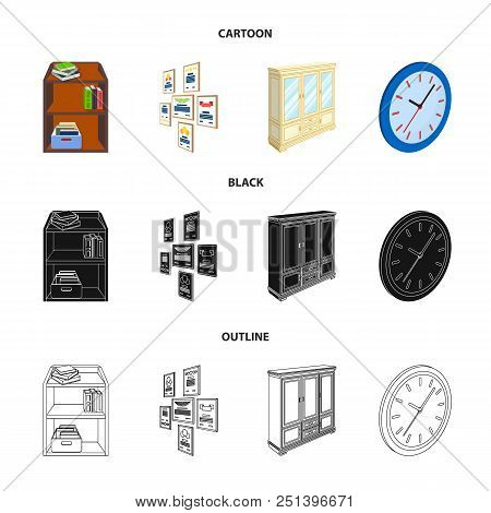 Cabinet, Shelving With Books And Documents, Frames On The Wall, Round Clocks. Office Interior Set Co