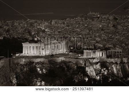 Athens skyline at night viewed from Mt Lykavitos with Acropolis, Greece.