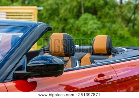 Modern Luxury Car Inside. Interior Of Prestige Modern Cabriolet Car. Comfortable Leather Seats. Whit
