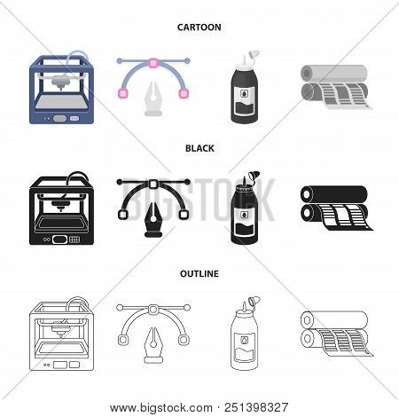 3d Printer, Newspaper Printer, Ink, Pen. Typography Set Collection Icons In Cartoon, Black, Outline 