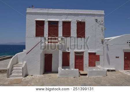 Beautiful Greek Typical Houses In The City Of Chora On The Island Of Mykonos. Art History Architectu