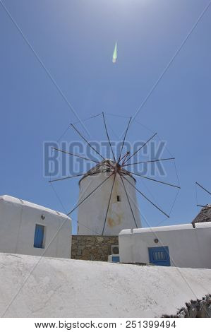 Windmills In Chora Island Of Mykonos .arte History Architecture.3 Of July 2018. Chora, Island Of Myk
