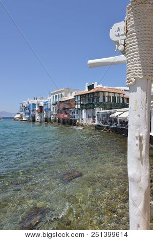 Nice Views Of The Little Venice Neighborhood In The City Of Chora On The Island Of Mykonos. Art Hist