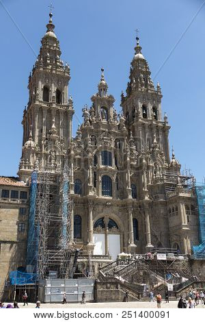Santiago De Compostela, Spain -june 14, 2018: Santiago De Compostela Cathedral Of Saint James, Spain