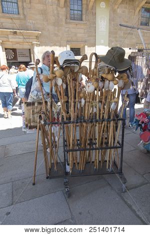 Santiago De Compostela, Spain, June 14, 2018: Detail View Of Pilgrim Equipment For Sale. Santiago De