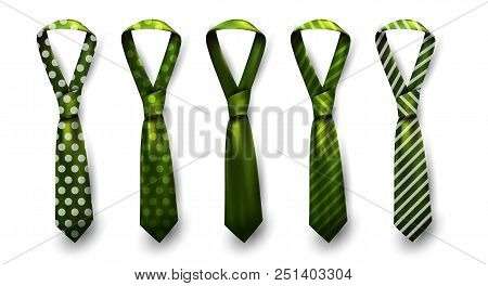 Realistic Vector Silk Satin Stripe Tie Set. Male Necktie For Business And Formal Clothing Accessory 