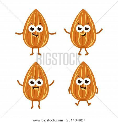 Cartoon Set With Almonds And Vivacious Emotions, Wallpaper With Nuts, Floral Background With Delicio