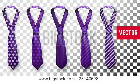 Realistic Vector Silk Satin Stripe Tie Set. Male Necktie For Business And Formal Clothing Accessory 