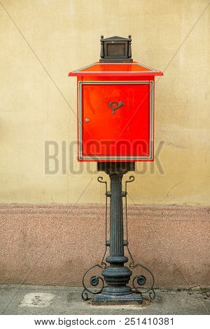 Bright Red Mailbox Of Hungarian Post  In Tokaj Town Center, Tokaj Wine Region, Hungary