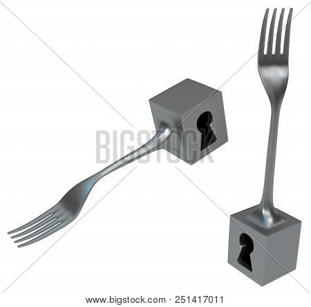 Fork Metal Keyhole Cubes, 3d Illustration, Horizontal, Isolated, Over White