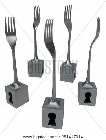 Fork Metal Keyhole Cubes Group, 3d Illustration, Horizontal, Isolated, Over White