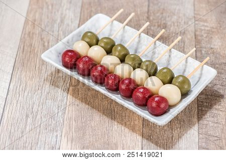 The Cooking Step Of Making Japanese Dango Dessert With 3 Different Color In Pink(red), White, And Gr