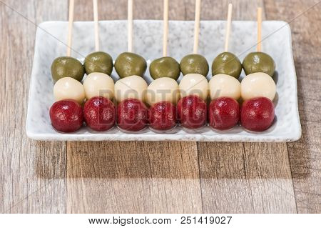 The Cooking Step Of Making Japanese Dango Dessert With 3 Different Color In Pink(red), White, And Gr