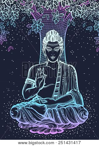 Sitting Buddha Over The Bodhi Tree. Graphic High-quality Vector Illustration In Neon Colors. Spiritu