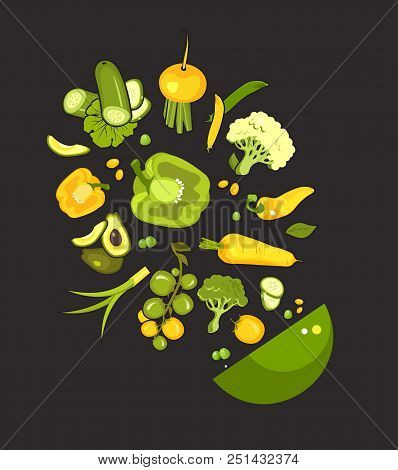 Vector Illustration Set Of Fresh Vegetables On A Black Background Cooking Food Kitchen Accessories, 