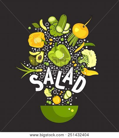 Vector Illustration Set Of Fresh Vegetables On A Black Background Cooking Food Kitchen Accessories, 