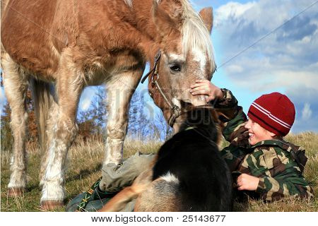Junge, Pferde und Hunde
