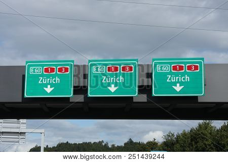 Traffic Signs On Highway In Zurich, Switzerland