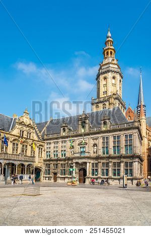 Veurne,belgium - May 20,2018 - View At The Town Hall, Courthouse And Belfry In Veurne. Veurne Is A C