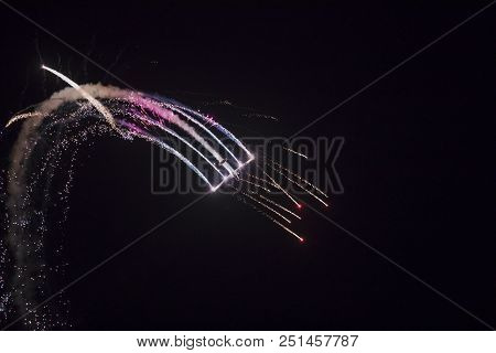 Torre Del Mar, Spain - July 28, 2018: Aerosparks Planes Performing Night Airshow In The Night With F
