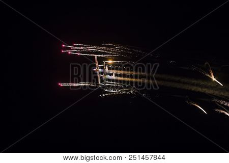 Torre Del Mar, Spain - July 28, 2018: Aerosparks Planes Performing Night Airshow In The Night With F