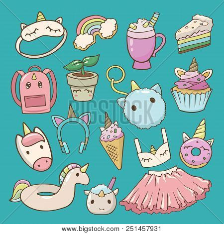 Unicorn Vector Cartoon Kids Accessories Or Clothing In Girlish Horse With Horn Style And Colorful Po