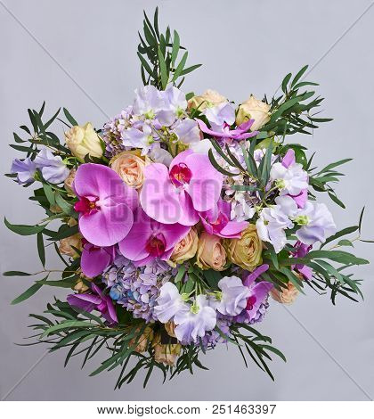 Bouquet Of Flowers Isolated On A White Background. Beautiful Photo Collage For Floral Design And Car