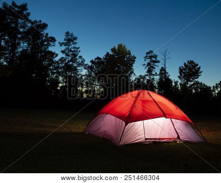 Nylon Tent Lighted Inside Just After Sunset In North Carolina