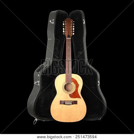 Musical Instrument - Front View Vintage Twelve-string Acoustic Guitar Hard Case Isolated On A Black 