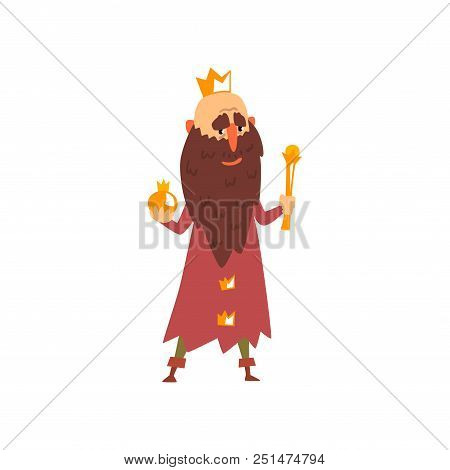 Funny Bald King Character With Golden Scepter In His Hand Cartoon Vector Illustration Isolated On A 