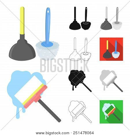 Cleaning And Maid Cartoon, Black, Flat, Monochrome, Outline Icons In Set Collection For Design. Equi
