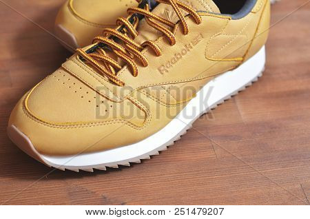 Kiev, Ukraine - May 30, 2018: Reebok Photo Of Brown Sneakers Sideways Close-up