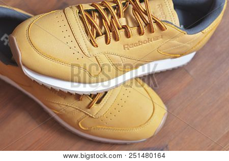 Kiev, Ukraine - May 30, 2018: Reebok Sneakers Are On The Sneaker, Photo On Top