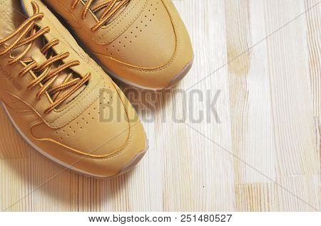 Kiev, Ukraine - May 30, 2018: Reebok A Pair Of Brown Sneakers Stands In The Upper Left Corner