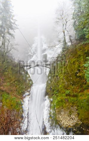 Icy Multnomah Falls Oregon In Wintertime