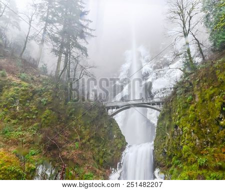 Icy Multnomah Falls Oregon In Wintertime