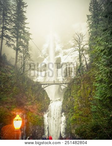 Vintage Tone Main Lookout Of Icy Multnomah Falls Oregon In Wintertime