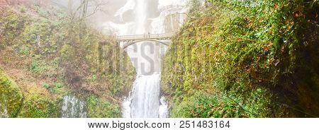 Panorama Icy Multnomah Falls Oregon In Wintertime