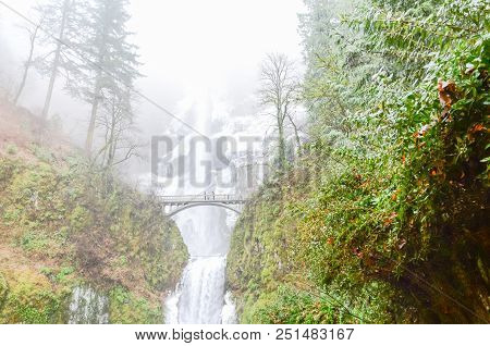 Icy Multnomah Falls Oregon In Wintertime